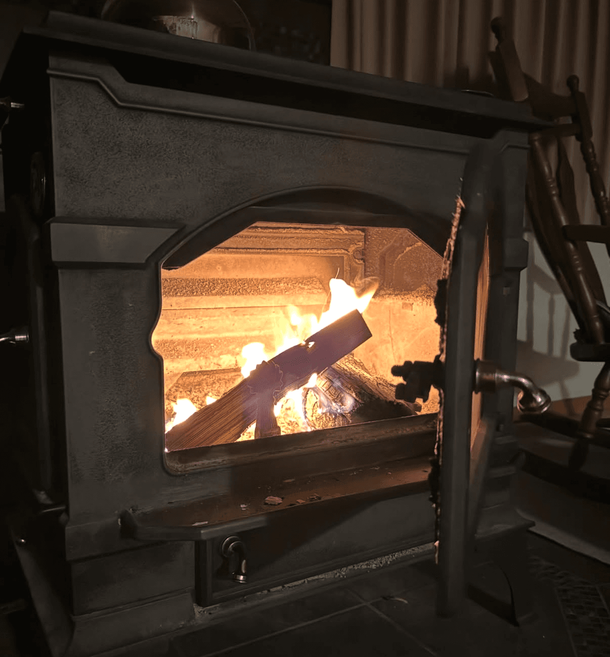 Fire burning in the lodge fireplace