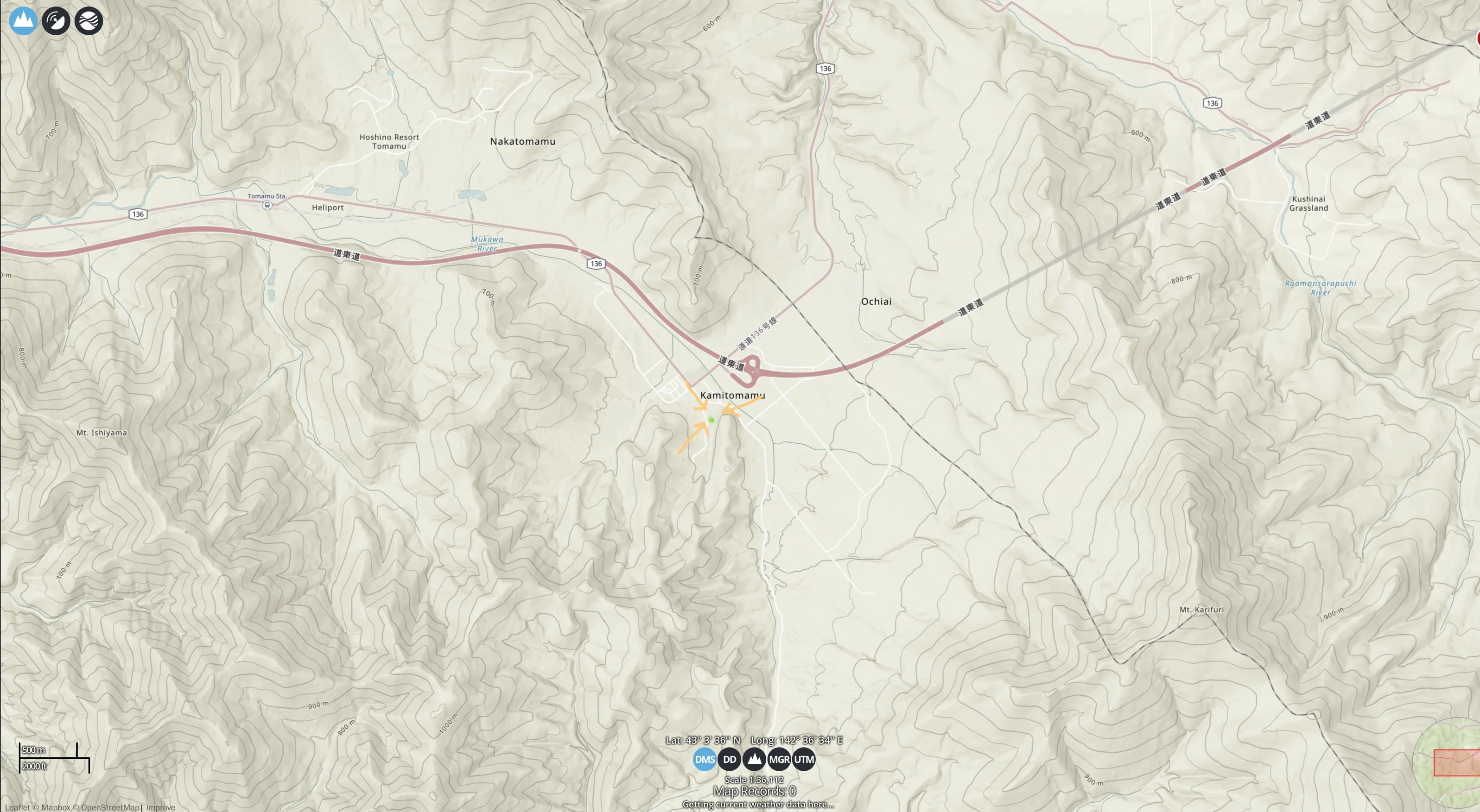 Topographic map of Tomamu area showing Wakaranai Lodge location