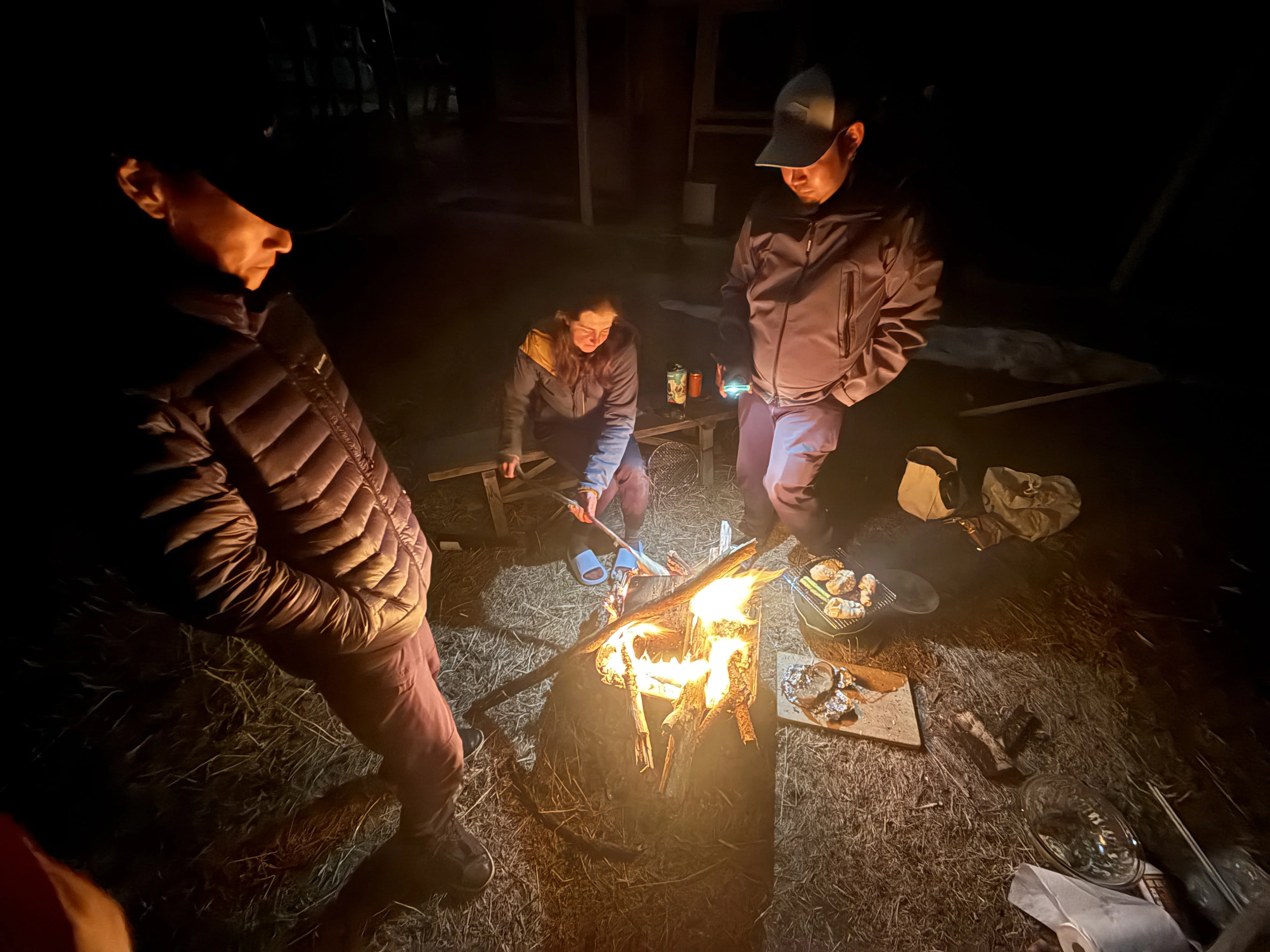 night backyard bbq with friends around a fire