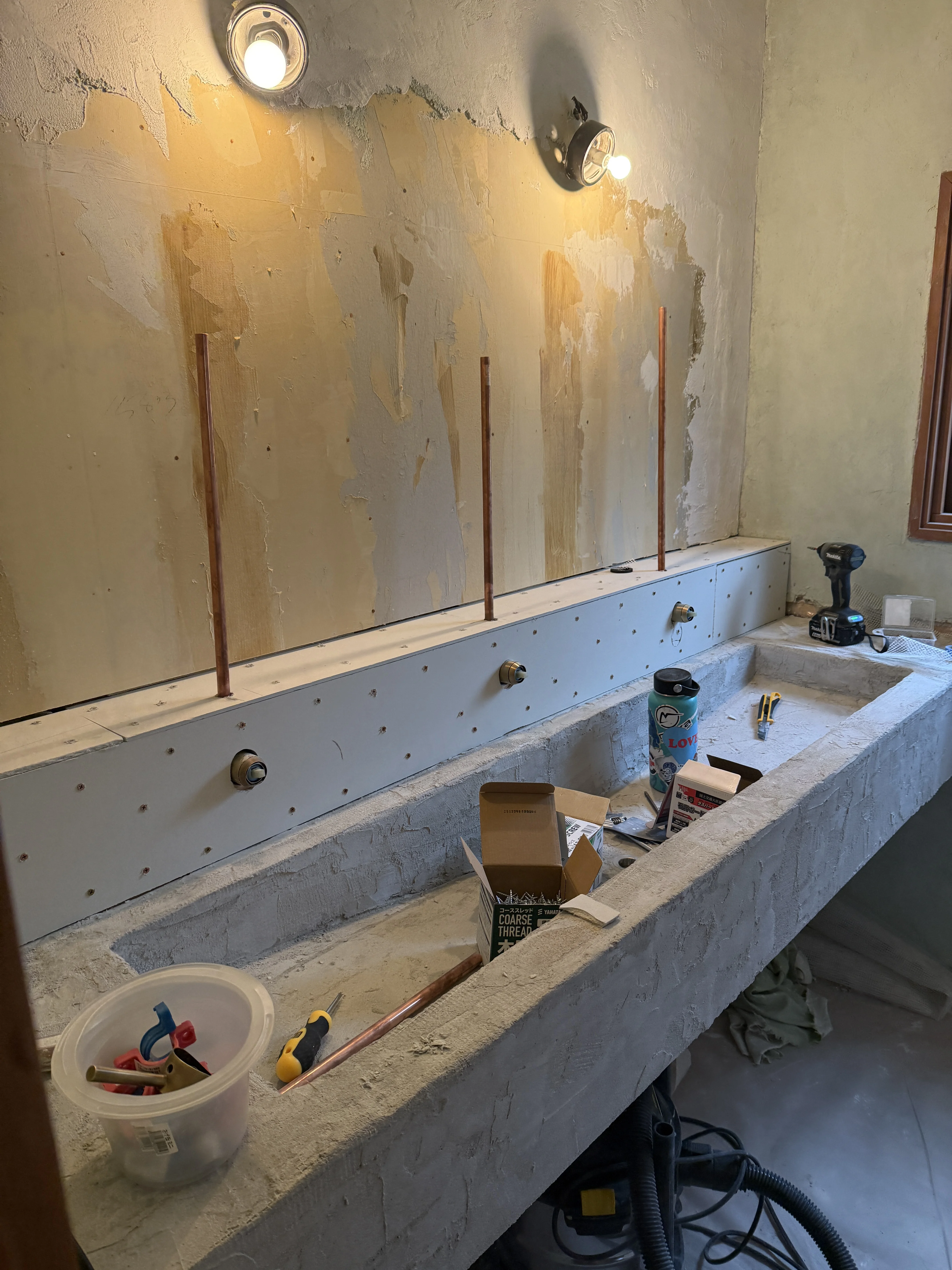 sink renovation with cement board, copper lines and faucets in progress