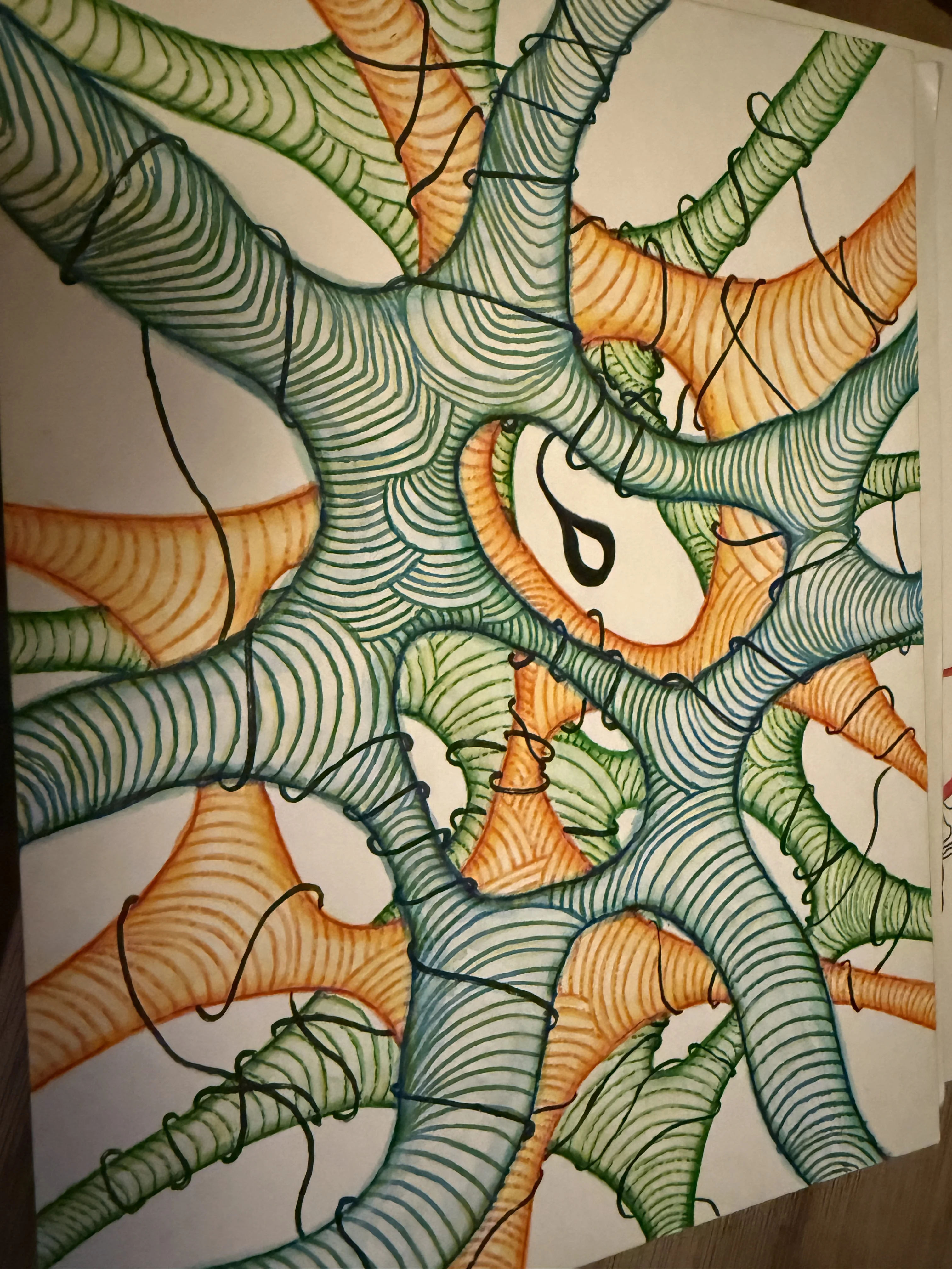 abstract art piece in green and orange line patterns
